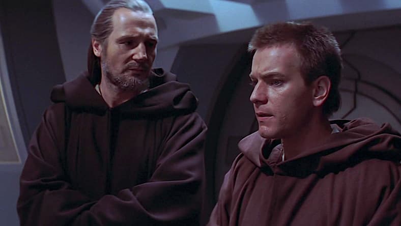 Qui-Gon Jinn (Liam Neeson) gives Obi-Wan Kenobi (Ewan McGregor) a lesson about mindfulness in Star Wars Episode I: The Phantom Menace (1999), Lucasfilm Ltd.