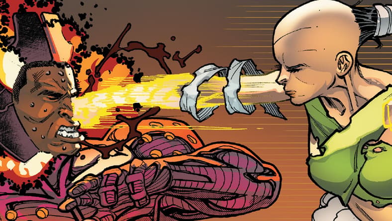 Fan Fei unleashes the Living Weapon upon King Killmonger in Avengers Vol. 8 #64 (2023), Marvel Comics. Words by Jason Aaron, art by Javier Garrón, David Curiel, and Cory Petit.
