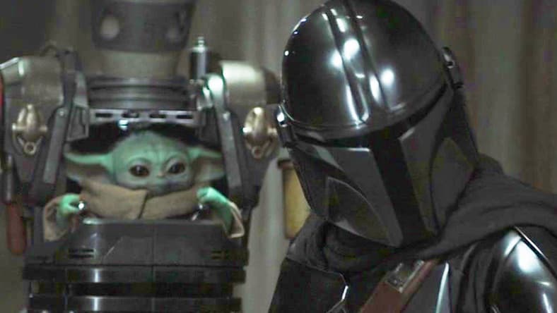 Din Djarin (Pedro Pascal) and Grogu prepare to raid Moff Gideon's (Giancarlo Esposito) base in The Mandalorian Season 3 Episode 8 "Chapter 24: The Return" (2023), Disney