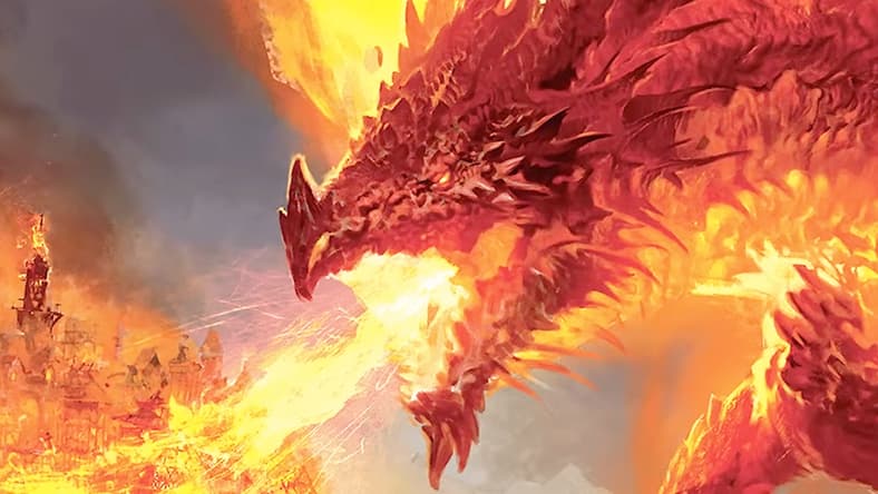 A dragon lights a village ablaze in Dungeons & Dragons' The Practically Complete Guide to Dragons (2023), Wizards of the Coast