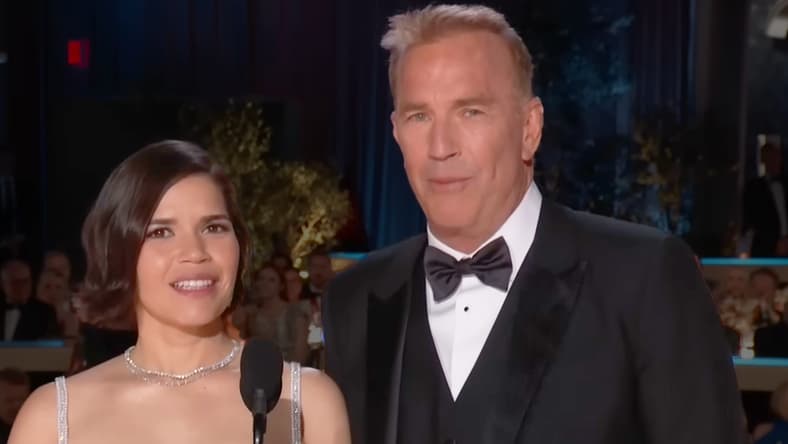 America Ferrera & Kevin Costner present the award for Best Television Female Actor – Musical/Comedy Series at the 2024 Golden Globe Awards