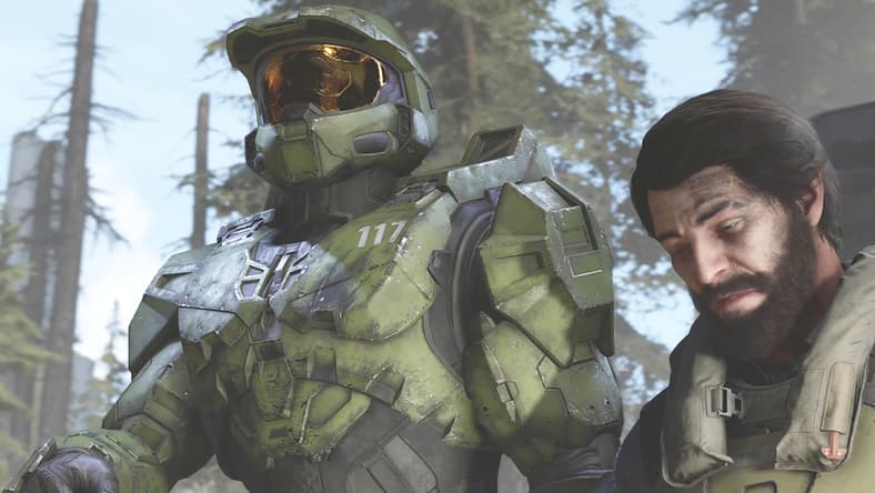 Fernando Esparza (Nicholas Roye) turns to Master Chief (Bruce Thomas) for hope in Halo Infinite (2021), 343 Industries