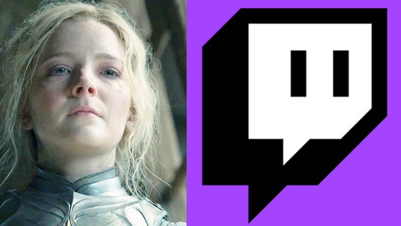 Galadriel (Morfydd Clark) interrogates Adar (Joseph Mawle) in The Lord of the Rings: The Rings of Power Season 1 Episode 6 "Udûn" (2022), Amazon Studios / Twitch.tv official logo