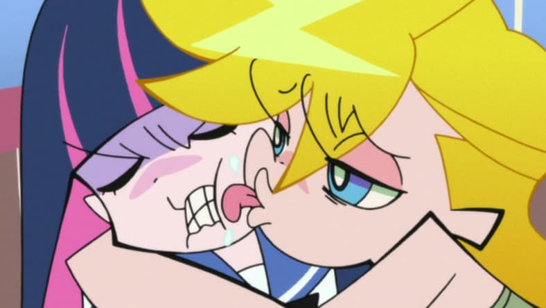 Panty (Arisa Ogasawara) playfully annoys Stocking (Mariya Ise) in Panty & Stocking with Garterbelt Season 1 Episode 2 "The Turmoil of the Beehive / Sex and the Daten City" (2010), Gainax