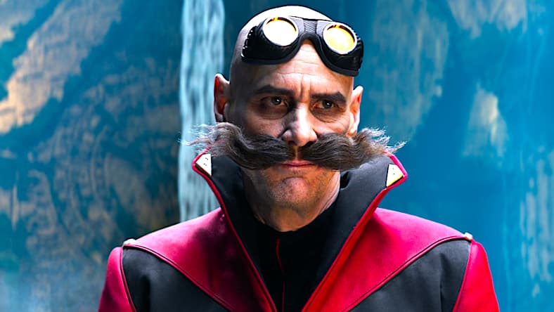 Dr. Robotnik's (Jim Carrey) plans are about to be foiled by Sonic (Ben Schwartz) in Sonic the Hedgehog 2 (2022), Paramount Pictures