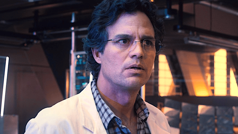 Bruce Banner (Mark Ruffalo) and Tony Stark (Robert Downey Jr.) discuss using Loki's Scepter to create Ultron (James Spader) in Avengers: Age of Ultron (2015), Marvel Entertainment