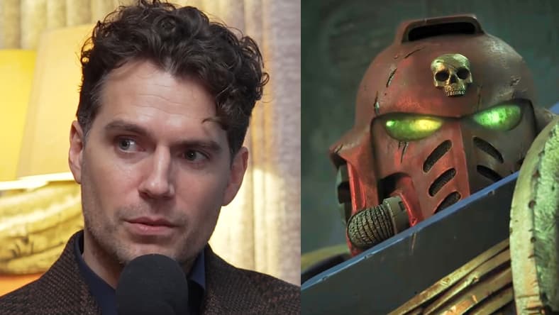 Henry Cavill talks 'Warhammer 40K' during a February 5th appearance on Josh Horowitz's 'Happy Sad Confused' podcast / A Space Marine Sergeant surveys the battle field in Warhammer 40,000: Cinematic Trailer (2020), Games Workshop