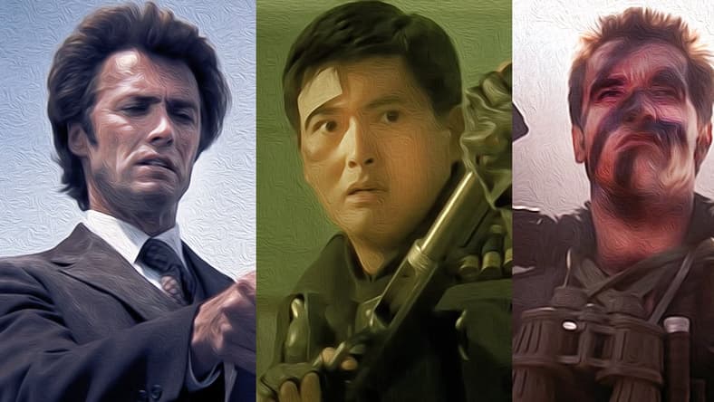 Split image of Dirty Harry, Hard Boiled and Commando