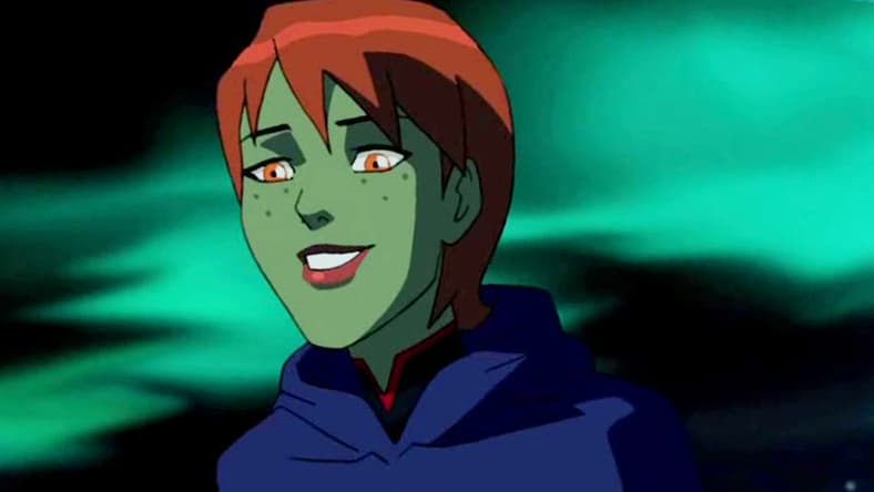 Miss Martian (Danica McKellar) gives a playful chase to Beast Boy (Logan Grove) in Young Justice Season 2 Episode 2 "Earthlings" (2012), Warner Bros. Animation
