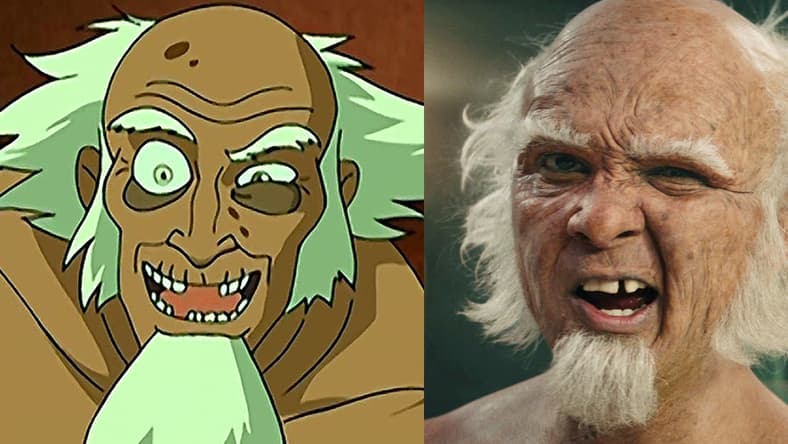 King Bumi (Andre Sogiluzzo) taunts Aang Aang (Zach Tyler Eisen) in Avatar: The Last Airbender Season 1 Episode 5 "The King of Omashu" (2005), Nickelodeon / King Bumi (Utkarsh Ambudkar) taunts Aang (Gordon Comier) in Avatar: The Last Airbender Season 1 Episode 4 "Into the Dark" (2024), Netflix
