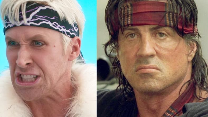 Ken (Ryan Gosling) finds himself losing the Barbie/Ken War in Barbie (2023), Warner Bros. Pictures / Rambo (Sylvester Stallone) looks upon the destruction wrought by his RPG in Rambo (2008), Millenium Media