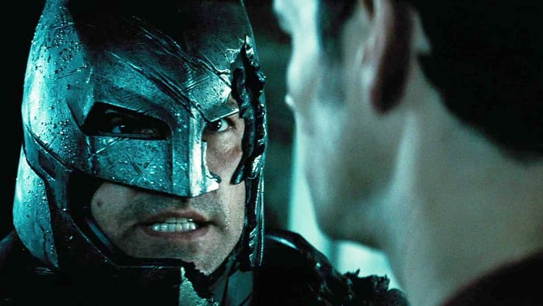 Batman (Ben Affleck) has Superman (Henry Cavill) on the ropes in Batman v Superman: Dawn of Justice: Ultimate Edition (2016), Warner Bros. Pictures