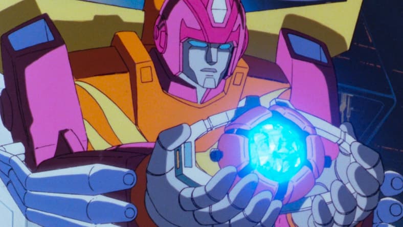 Hot Rod (Judd Nelson) receives the Matrix of Power from Optimus Prime (Peter Cullen) in The Transformers: The Movie (1986), Sunbow Productions