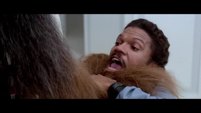 Lando Calrissian (Billy Dee Williams) tries to explain his betrayal to Chewbacca (Peter Mayhew) in Star Wars Episode V: The Empire Strikes Back (1980), Lucasfilm