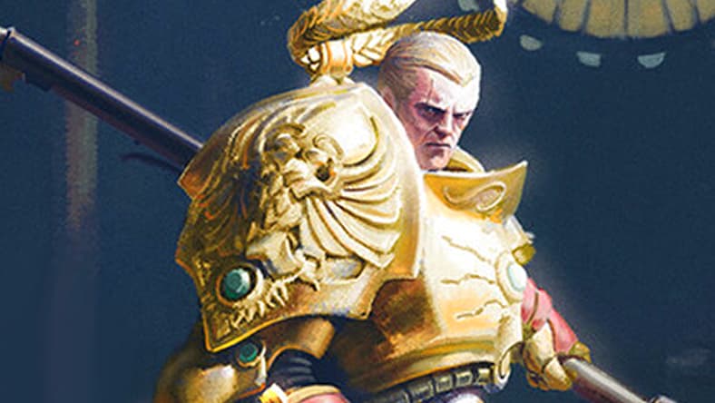 Adeptus Custodes Shield-Captain Valerian stands back-to-back with Sister Tanau Aleya on Stanton Feng's cover art to Warhammer 40K - Watchers of the Throne: Regent's Shadow (2020), Games Workshop