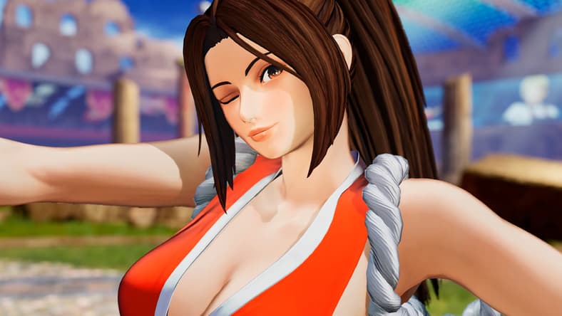 Mai Shiranui (Ami Koshimizu) gives a wink to her beaten opponent in King of Fighters XV (2022), SNK