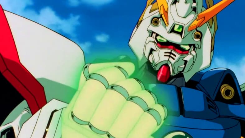Dommon Kashu (Tomokazu Seki) takes in the might of his Shining Finger in Mobile Fighter G Gundam Episode 7 "Prepare to Fight! Desperate Fugitive!" (2002), Sunrise