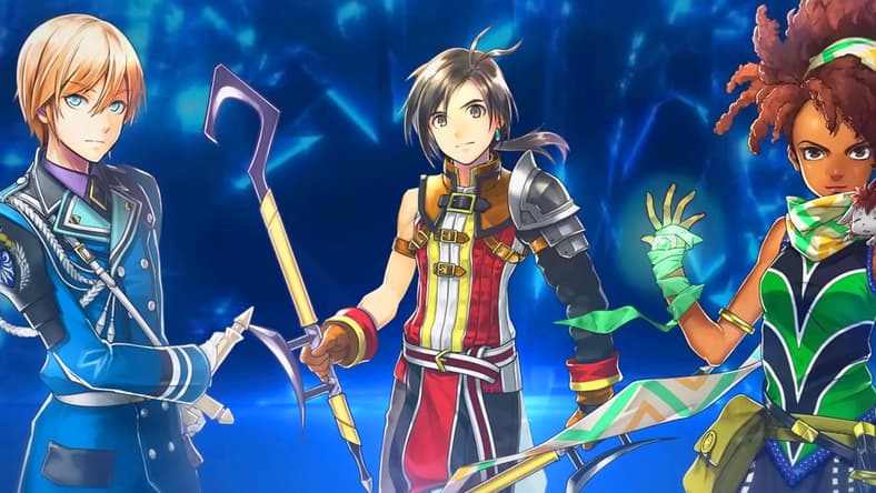 Seign (Kenji Akabane), Nowa (Gakuto Kajiwara), and Marisa (Sumire Uesaka) stand at the ready in Eiyuden Chronicles: Hundred Heroes (2024), 505 Games