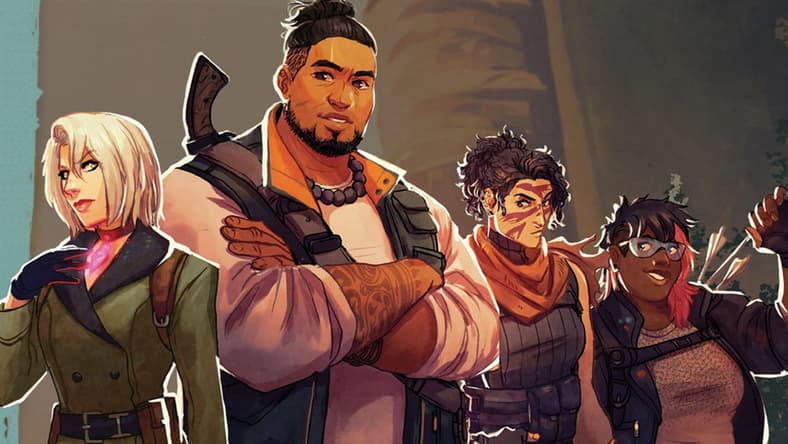 A quartet of Truth Seekers stand assembled on the cover to Tomb Raider: Shadows of Truth (2025), Evil Hat Productions