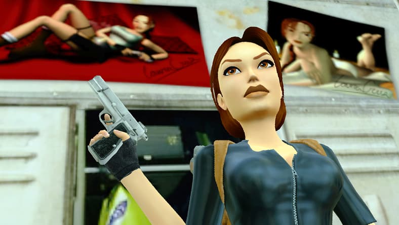 Lara Croft stands before her own pin-ups in the original release of Tomb Raider III: The Lost Artefact Remastered (2024), Crystal Dynamics