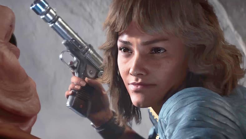 Kay Vess (Humberly González) is about to pistol whip a Sullustan in Star Wars Outlaws (2024), Ubisoft