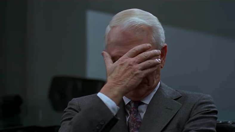 Dan O'Herlihy can't believe what he sees in RoboCop 2 (1990), Orion Pictures