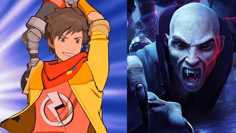 Chai (Robbie Draymond) delivers a crushing blow in Hi-Fi Rush (2023), Tango Gameworks / A vampire screams in horror as he realizes he's stuck in Redfall (2023), Arkane Austin