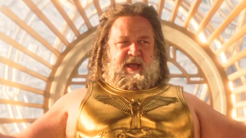 Zeus (Russell Crowe) holds court over the Omnipotent City in Thor: Love and Thunder (2022), Marvel Entertainment