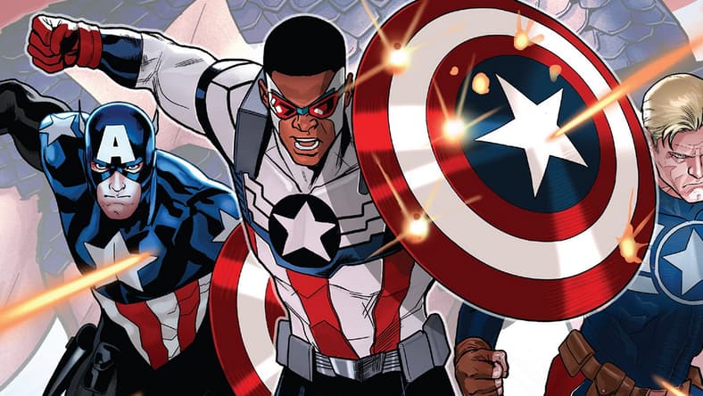 Sam Wilson leads three generations of Star-Spangled Avengers on Paul Renaud's cover to Captain America: Sam Wilson Vol. 1 #8 (2016), Marvel ComicsSam Wilson leads three generations of Star-Spangled Avengers on Paul Renaud's cover to Captain America: Sam Wilson Vol. 1 #8 (2016), Marvel Comics