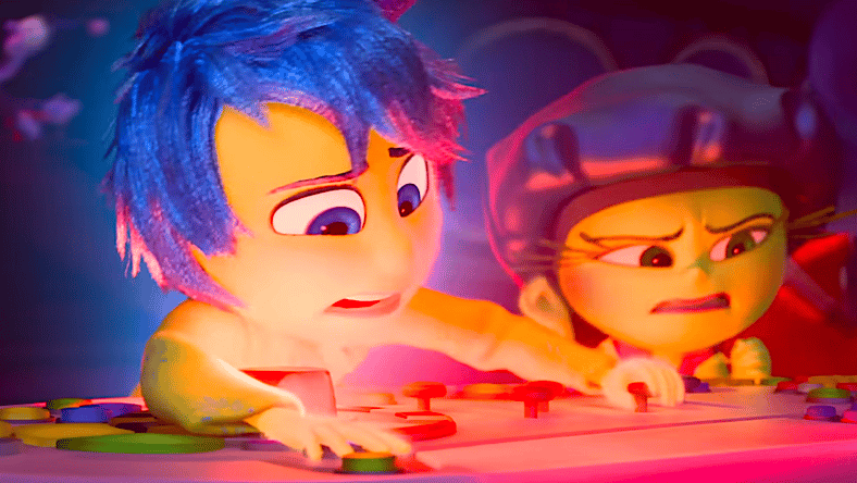 Joy (Amy Poehler) and Disgust (Liza Lapira) frantically deal with a simple question in Inside Out 2, (2024), Disney