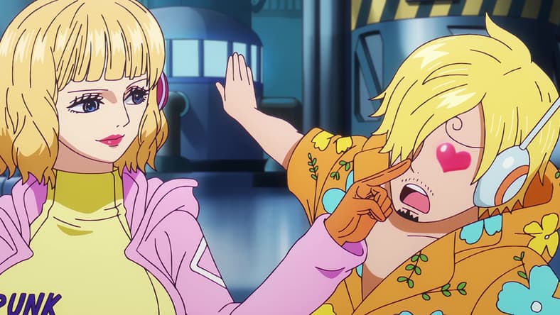 Stussy (Mami Kingetsu) enjoys Sanji's (Hiroaki Hirata) puppy-dog eyes in One Piece Episode 1107 "A Shudder! The Evil Hand Creeping Up on the Laboratory" (2024), Toei Co. Ltd.