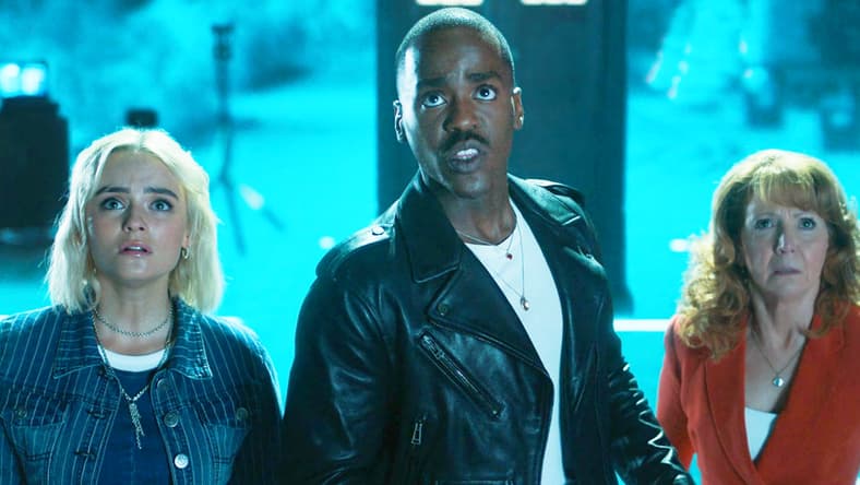 Ruby (Millie Gibson), The Doctor (Ncuti Gatwa), and Mel (Bonnie Langford) prepare to confront Sutkeh (Gabriel Woolf) in Doctor Who Series 14 Episode 8 “Empire of Death” (2024), BBC