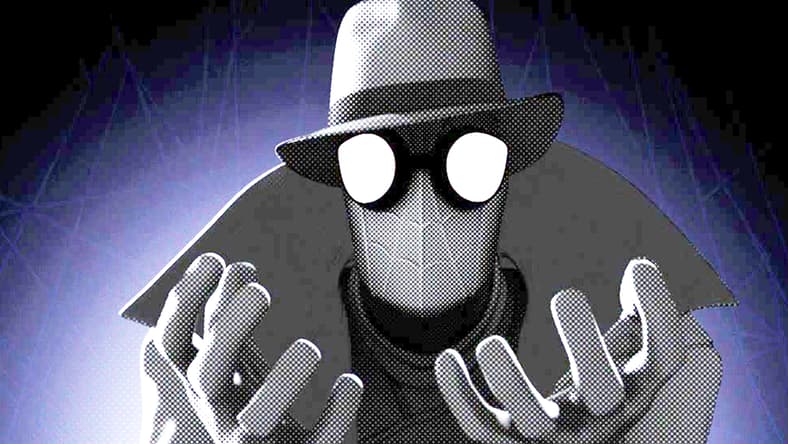 Spider-Man Noir (Nicolas Cage) implores Miles (Shameik Moore) for help in Spider-Man: Into the Spider-Verse (2018), Marvel Entertainment
