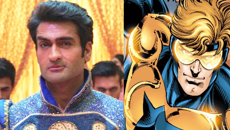 Kingo (Kumail Nanjiani) prepares to bust a move in Eternals (2021), Marvel Entertainment / Booster Gold makes a break for his Time Sphere in Booster Gold Vol. 2 #15 "Reality Lost, Part One" (2009), DC. Words by Dan Jurgens, art by Dan Jurgens, Norm Rapmund, Hi-Fi Design, and Sal Cipriano.