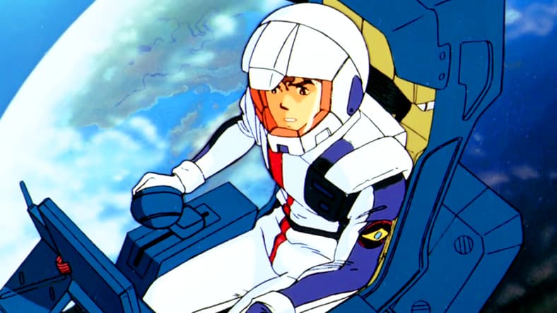 Amuro Ray (Toru Furuya) steels himself to fight in defense of Earth in Mobile Suit Gundam: Char's Counterattack (1988), Sunrise