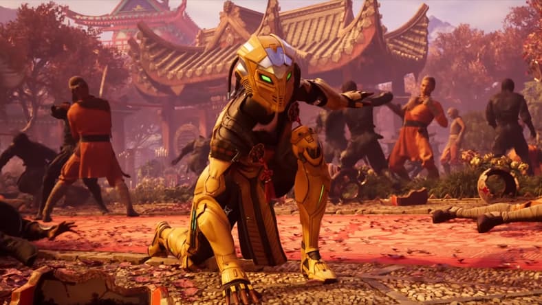 Cyrax (Enuka Okuma) performs a super-hero landing in Mortal Kombat 1 (2023), Warner Bros. Games