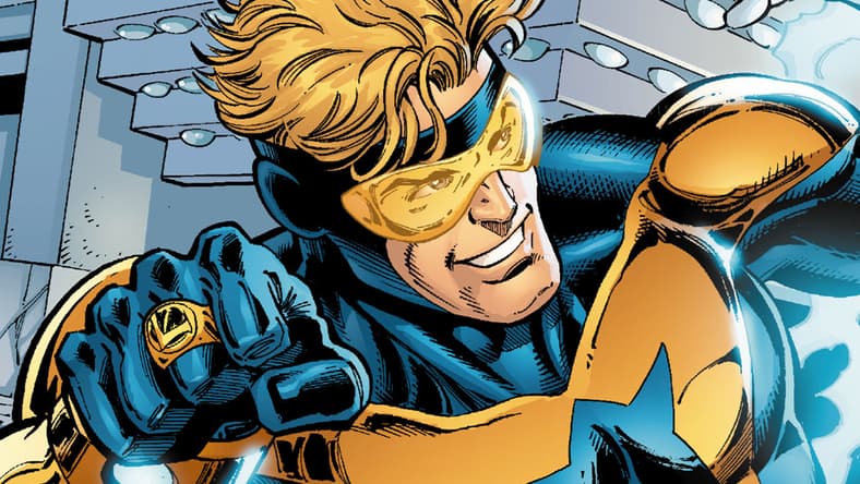 Booster Gold takes on the Royal Flush Gang in Booster Gold Vol. 2 #1 "52 Pick-Up (Part I) - Secret Origins" (2007), DC. Words by Geoff Johns and Jeff Katz, are by Dan Jurgens, Norm Rapmund, Hi-Fi Design, and Rob Leigh.