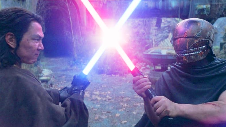 Master Sol (Lee Jung-jae) and Qimir (Manny Jacinto) cross blades in The Acolyte Season 1 Episode 8 "The Acolyte" (2024), Disney