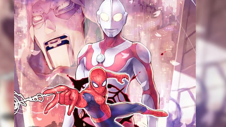 The titular heroes stand united in Tomo Hirokawa's key visual to Ultraman: Along Came a Spider-Man (2024), Shogakukan