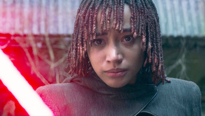 Osha (Amandla Stenberg) wields Master Sol's (Lee Jung-jae) now-red lightsaber in The Acolyte Season 1 Episode 8 "The Acolyte" (2024), Disney