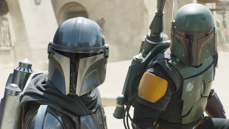 Boba Fett (Temeura Morrison) and Din Djarin (Pedro Pascal) find themselves on the backfoot in The Book of Boba Fett Chapter 7 (2022), Disney Plus