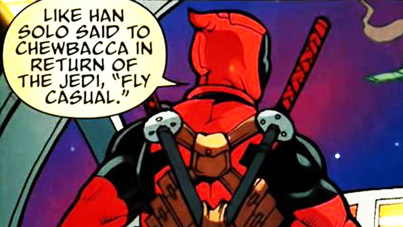 Deadpool offers some flying advice in Deadpool: Merc with a Mouth Vol 1 #5 "Head Trip, Part 5" (2009), Marvel Comics. Words by Victor Gischler, art by Bong Dazo, Jose Pimentel, Matt Milla, and Jeff Eckleberry.