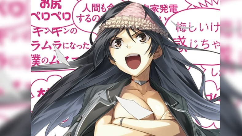 Ayame stands for freedom on Eito Shimotsuki's cover to Shimoneta: A Boring World Where the Concept of Dirty Jokes Doesn't Exist Vol. 8 (2015), Shogakukan