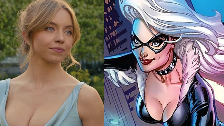 Bea (Sydney Sweeney) reluctantly attends her sister Halle's (Hadley Robinson) wedding in Anyone but You (2023), Sony Pictures / Black Cat catches a ride atop a moving taxi on J. Scott Campbell's cover to Mary-Jane & Black Cat Vol. 1 #3 (2023), Marvel Comics