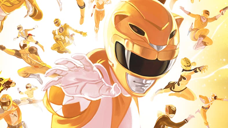 The Yellow Rangers, past, present, and future, arrive for battle on Carlos Fabián Villa's variant cover to Mighty Morphin' Power Rangers Vol. 1 #28 (2018), BOOM! Studios