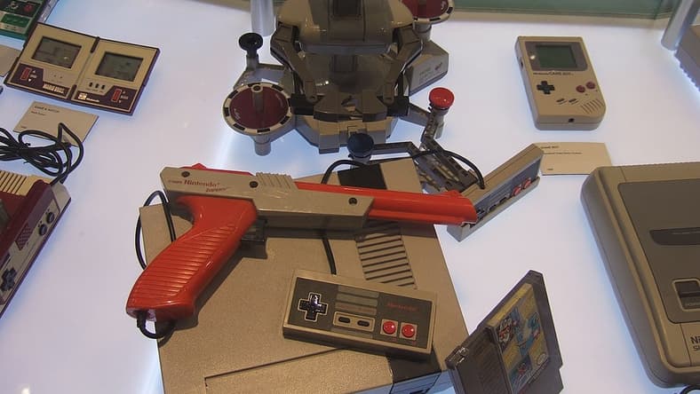 A complete set of Nintendo Entertainemt System accessories displayed at the Nintendo World Store. Via Rob DiCaterino, Wikipedia.