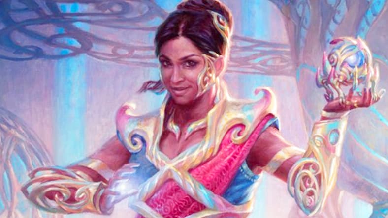Saheeli Rai prepares for battle via Card #44, Magic: The Gathering - Commander (2018), Wizards of the Coast. Art by Ryan Pancoast.
