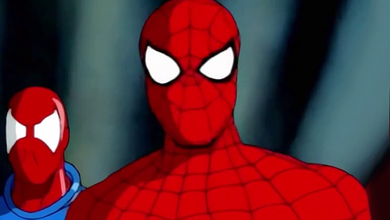 Peter Parker (Christopher Daniel Barnes) and Ben Reilly (Christopher Daniel Barnes) are surprised to find themselves suddenly returned to Madame Web's (Joan Lee) lair in Spider-Man: The Animated Series Season 5 Episode 13 "Farewell, Spider-Man" (1995), Marvel Entertainment