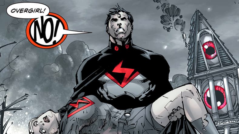 Overman mourns the death of Overgirl in The Multiversity: Mastermen Vol. 1 #1 "Splendour Falls" (2015), DC. Words by Grant Morrison, art by Jim Lee, Scott Williams, Sandra Hope, Jonathan Glapion, Mark Irwin, Alex Sinclair, Jeromy Cox and Rob Leigh.