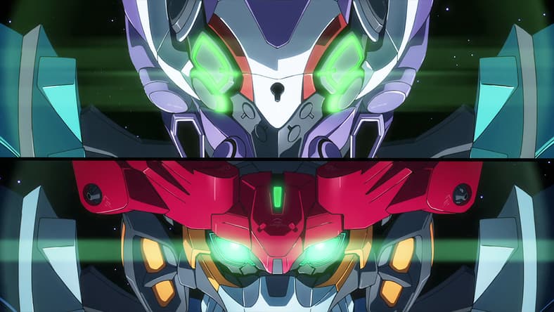 Nyaan (Yui Ishikawa) and Machu (Tomoyo Kurosawa) sync up to battle Shuji (Shimba Tsuchiya) in Mobile Suit Gundam GQuuuuuuX Episode 12 "This Is Why I..." (2025), Studio Khara